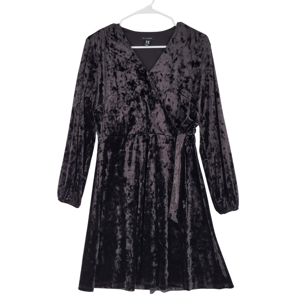 H by‎ Halston Crushed Velvet Dress Size Small Black Long Sleeve V-Neck Faux Wrap